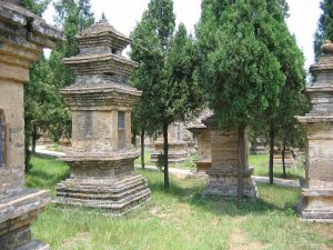 Imagem de um campo verde com pequenos monumentos chineses