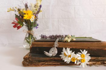 imagem de um caixão com flores nas laterais, uma coroa de flores pequena, um relógio de bolso e o fundo branco. Capa do conteúdo sobre serviços funerários