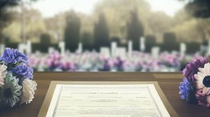 certidão negativa de testamento sobre uma mesa frente a um cemitério