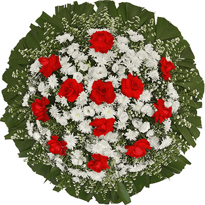 Coroa de flores brancas e vermelhas, Rosas Vermelhas, Crisantemos e com uma faixa de homenagem grátis ao centro em diversos tamanhos.