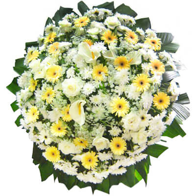Coroa de flores brancas e amarelas com flores do campo e flores nobres e com faixa de homenagem grátis ao centro em diversos tamanhos.