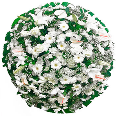 Coroa de flores brancas com flores do campo e flores nobres, com faixa de homenagem grátis ao centro em diversos tamanhos.