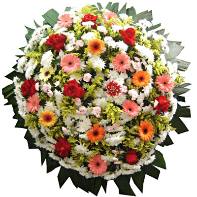 Coroa de flores coloridas com flores do campo e flores nobres com uma faixa de homenagem grátis ao centro em diversos tamanhos.