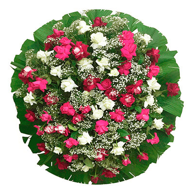 Coroa de flores brancas e rosas, com uma faixa de homenagem grátis ao centro em diversos tamanhos.