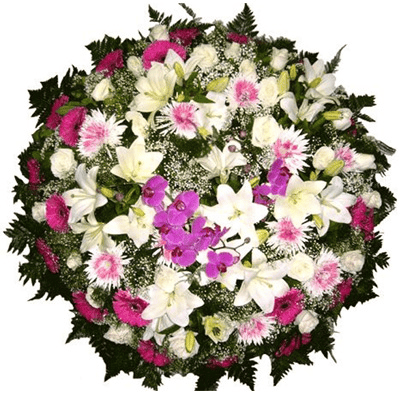 Coroa de flores brancas e rosas com flores nobres e uma faixa de homenagem grátis ao centro em diversos tamanhos.