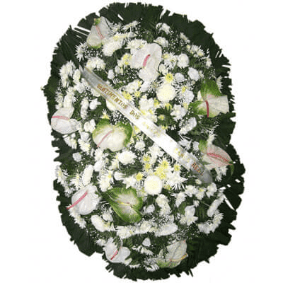 Coroa de flores brancas e amarelas com flores nobres, com faixa de homenagem grátis ao centro em diversos tamanhos.